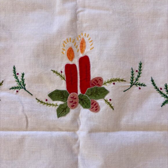 1950's Christmas Tablecloth Appliqued Candle, Holly Red Berries Embroidery - Picture 3 of 5
